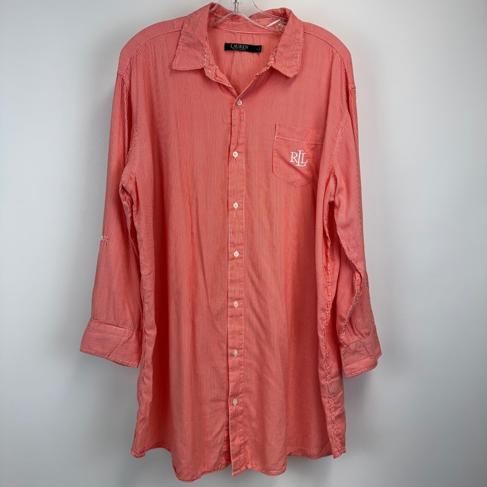 Lauren Ralph Lauren Red Pinstripe Button Down Sleep Shirt Tunic Womens Large